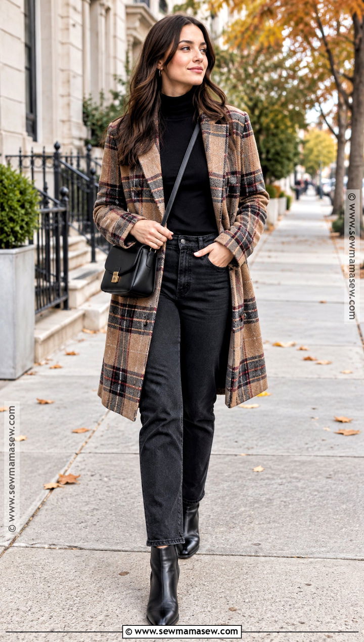 Plaid Coat And Black Jeans - 15 outfit trend 2026 autumn ideas
