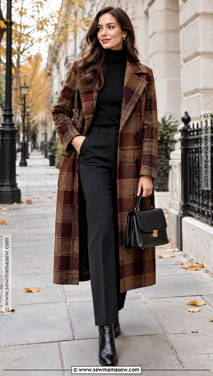 Plaid Coat And Black Knit Outfit - 20 Cool Girl Autumn Outfits