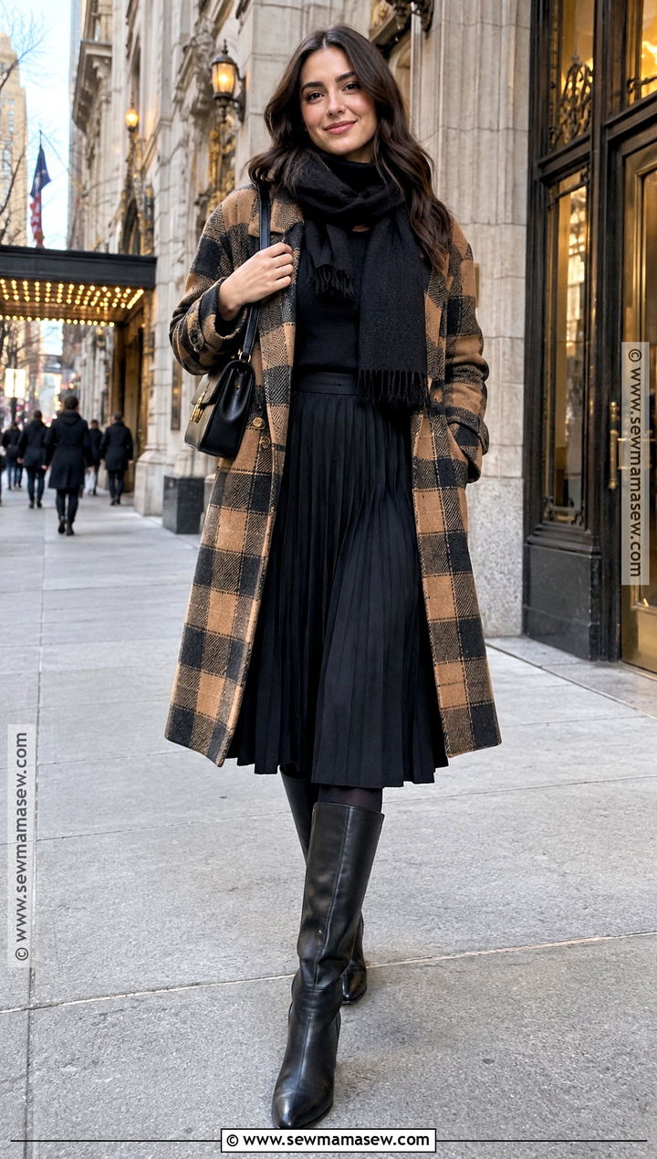Plaid Coat And Black Midi Skirt NYC Outfit - 20 november nyc outfits
