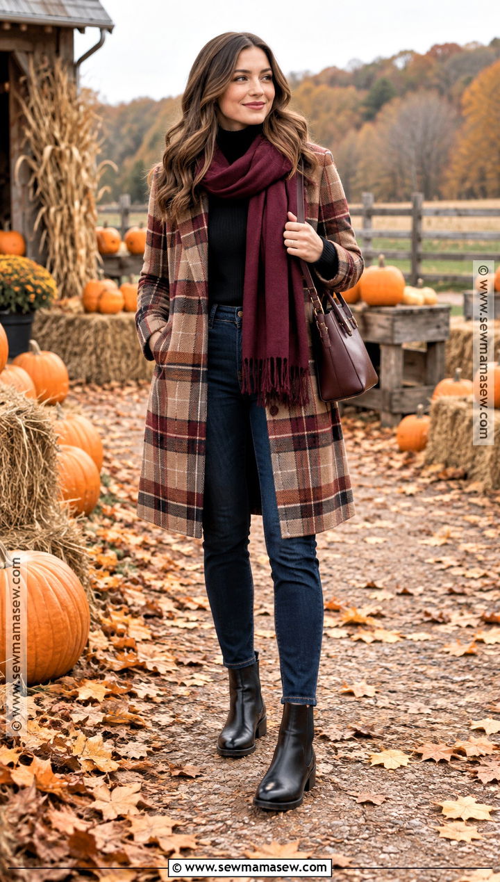 Plaid Coat And Dark Jeans Pumpkin Patch Outfit - 20 warm pumpkin patch outfit ideas