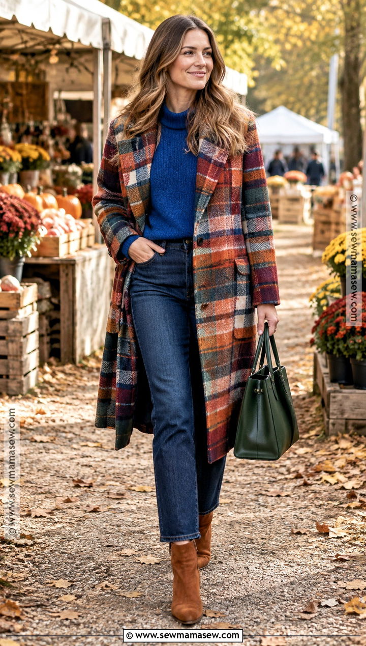 Plaid Coat And Denim Autumn Outfit - 20 colorful autumn outfits