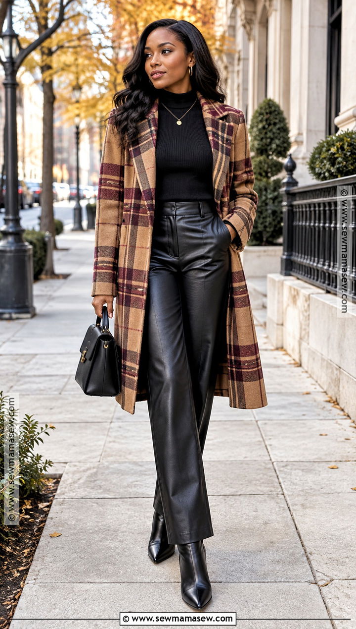Plaid Coat And Leather Pants Outfit - 15 fall fashion ideas for black women 2026