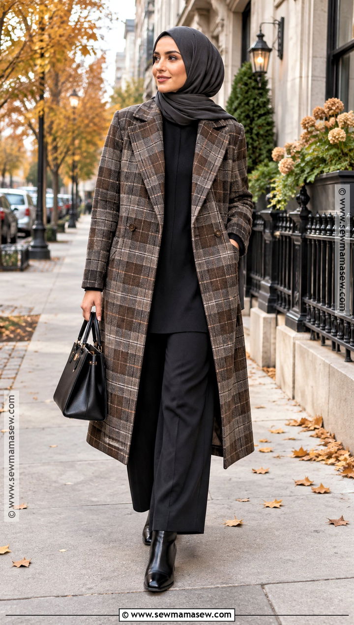 Plaid Coat And Monochrome Hijab Outfit - 20 fall outfits women hijab