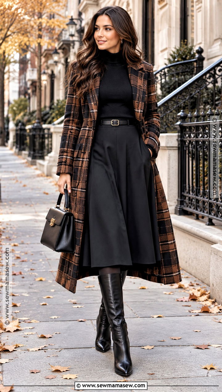 Plaid Coat Black Turtleneck And Midi Skirt Outfit - 15 november looks