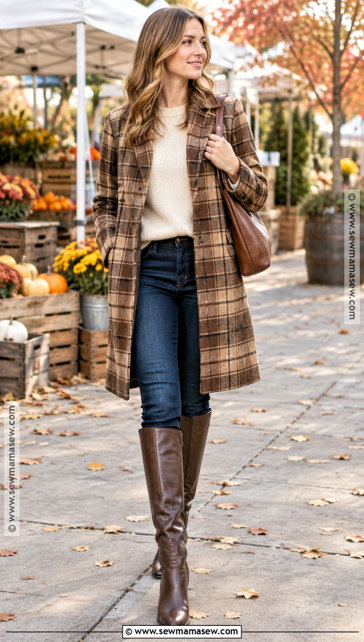 Plaid Coat Outfit With A Sweater And Jeans - 25 autumn coat ideas
