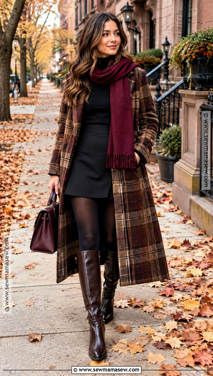Plaid Coat Sweater Skirt Tights and Knee High Boots - 20 cold fall day outfit ideas