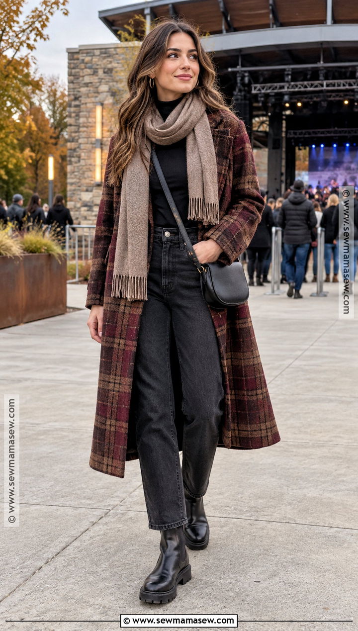 Plaid Coat Thermal Top Black Jeans Outfit - 15 fall outside concert outfit ideas