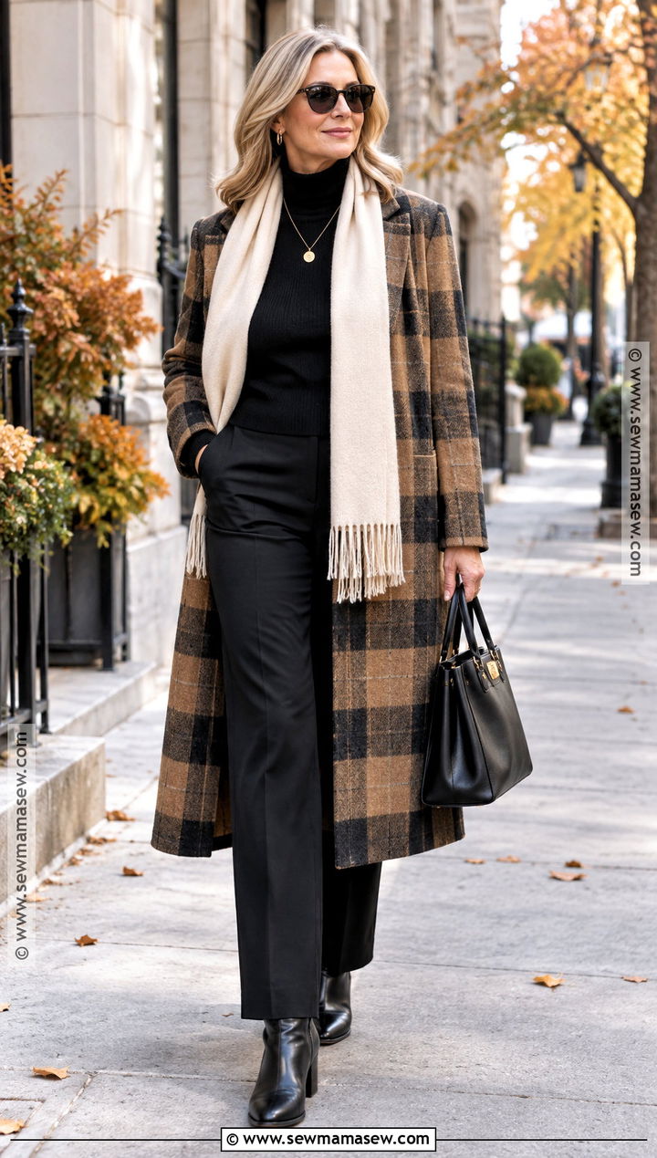 Plaid Coat With An All Black Outfit - 15 Fall Plaid Fashion Style Ideas