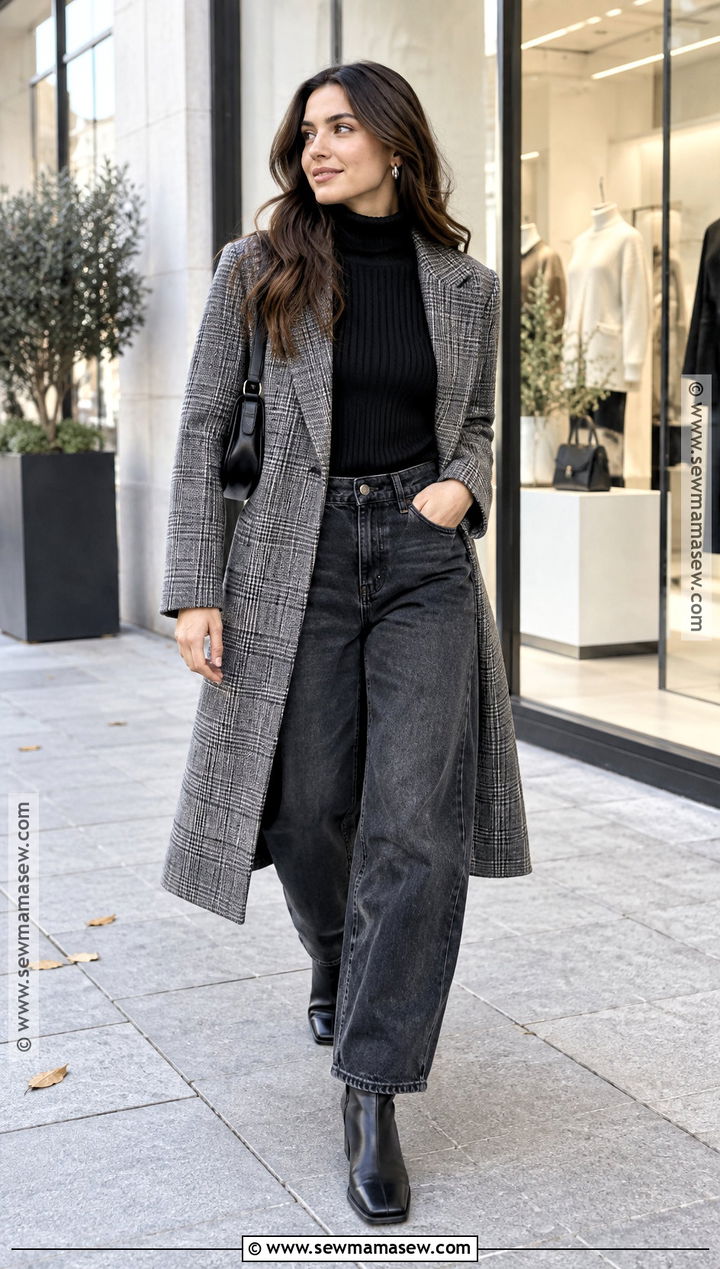 Plaid Coat With Barrel Jeans And Square Toe Boots - 15 autumn outfit with plaid coat and boots