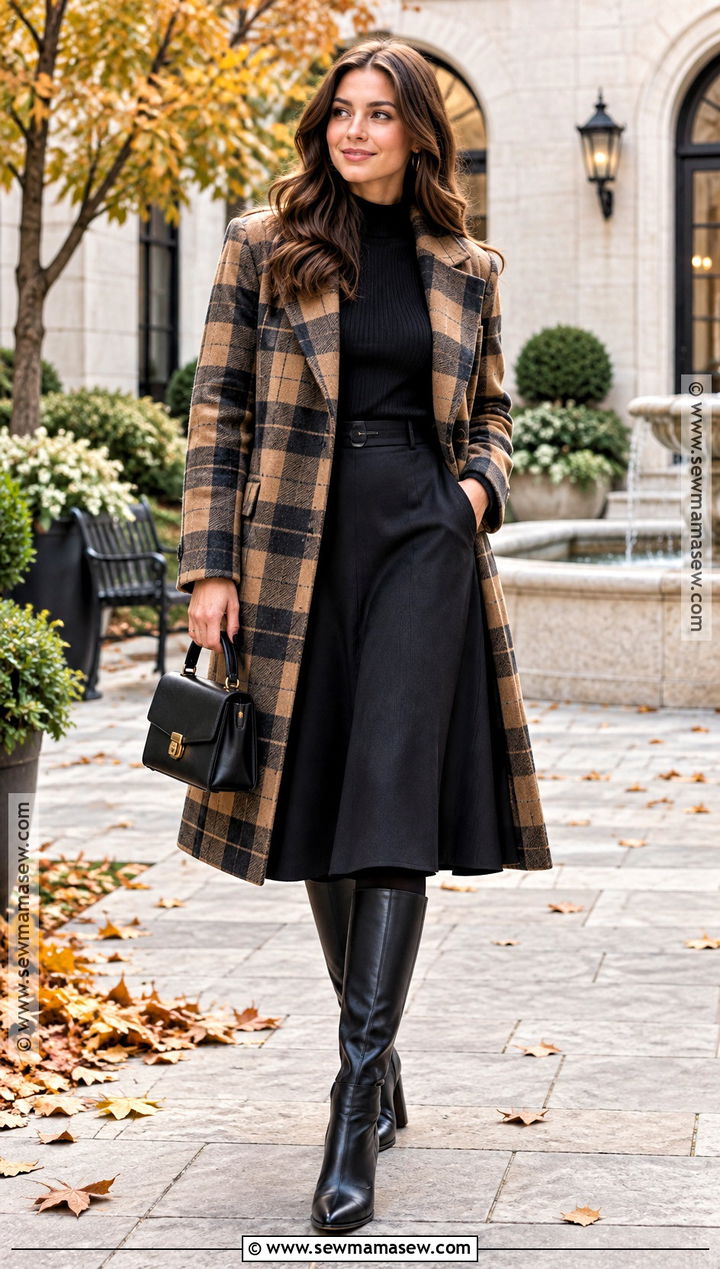 Plaid Coat With Black Sweater And Skirt - 20 autumn outfits coat