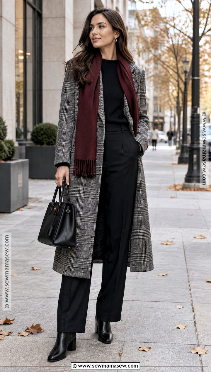 Plaid Coat With Black Sweater And Trousers Outfit - 20 fall to winter outfits