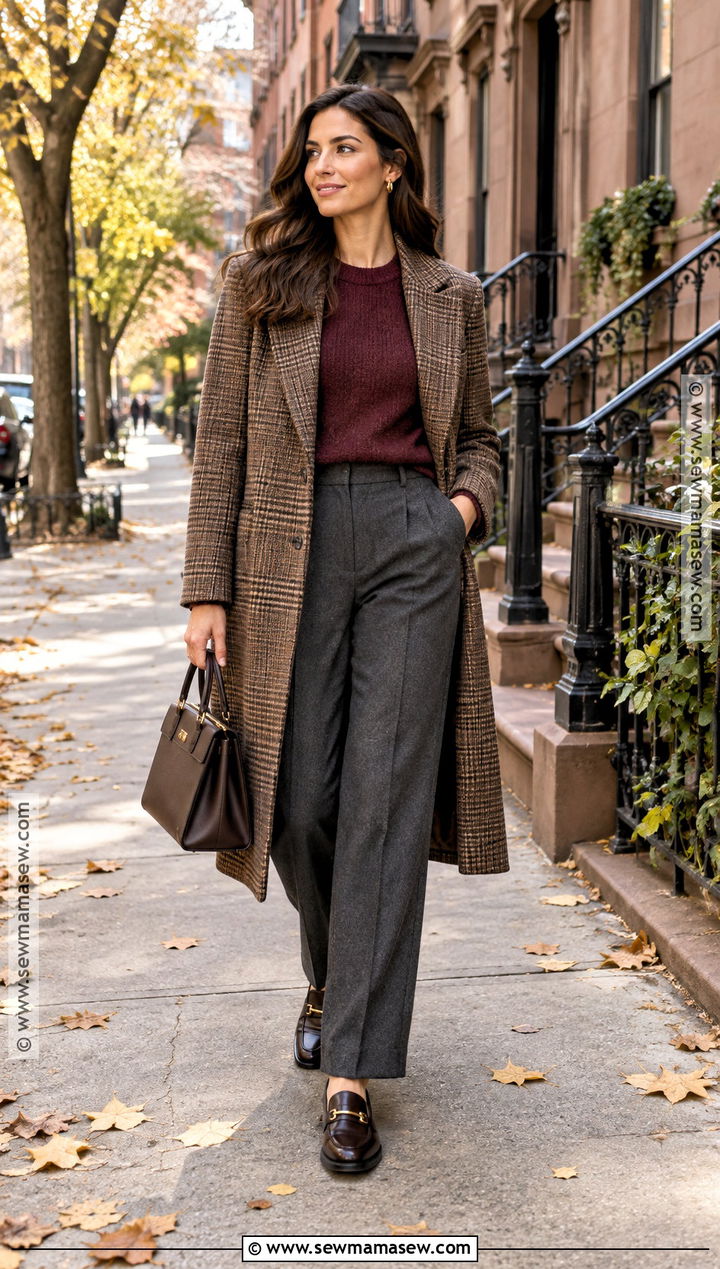 Plaid Coat With Burgundy Sweater and Trousers - 20 New York October Outfit Ideas