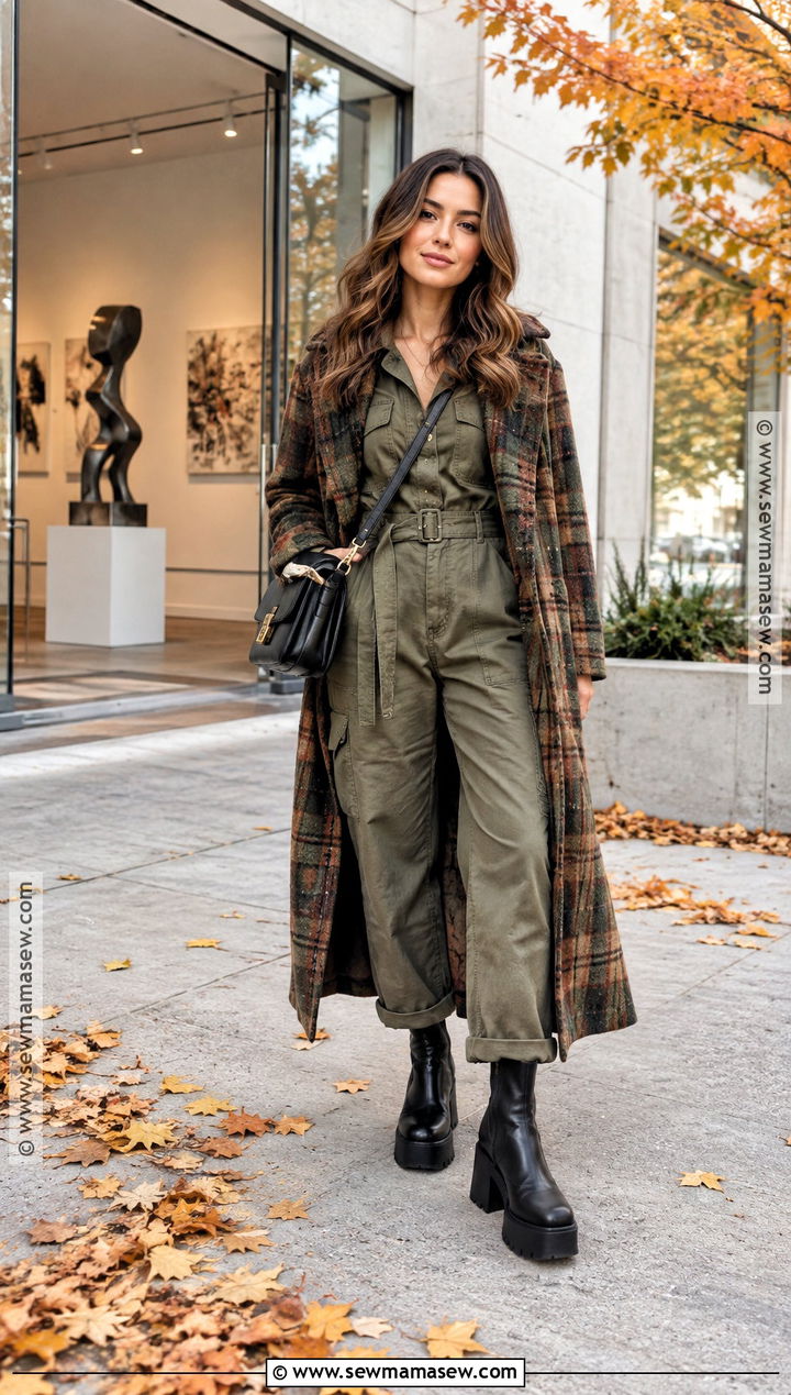 Plaid Coat With Jumpsuit And Platform Boots - 15 autumn outfit with plaid coat and boots
