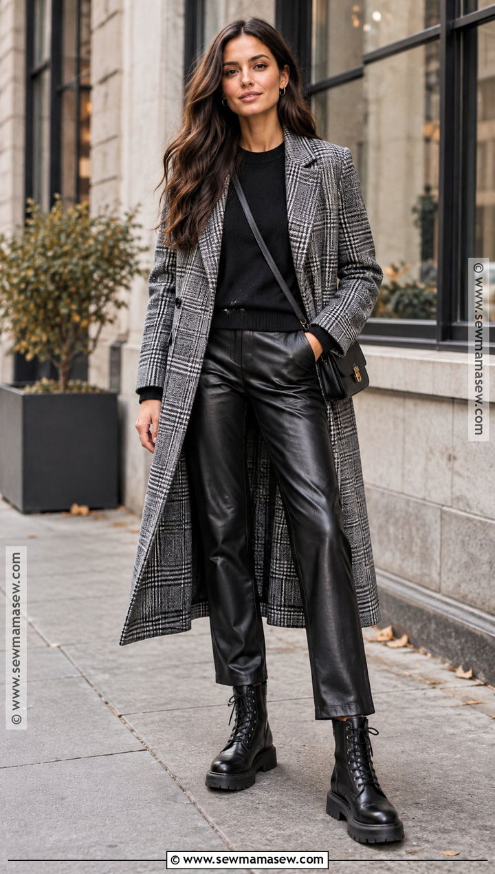 Plaid Coat With Leather Pants And Combat Boots - 15 autumn outfit with plaid coat and boots