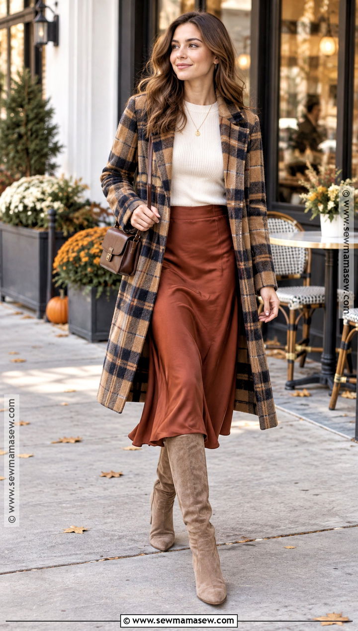 Plaid Coat With Midi Skirt And Suede Boots - 15 autumn outfit with plaid coat and boots