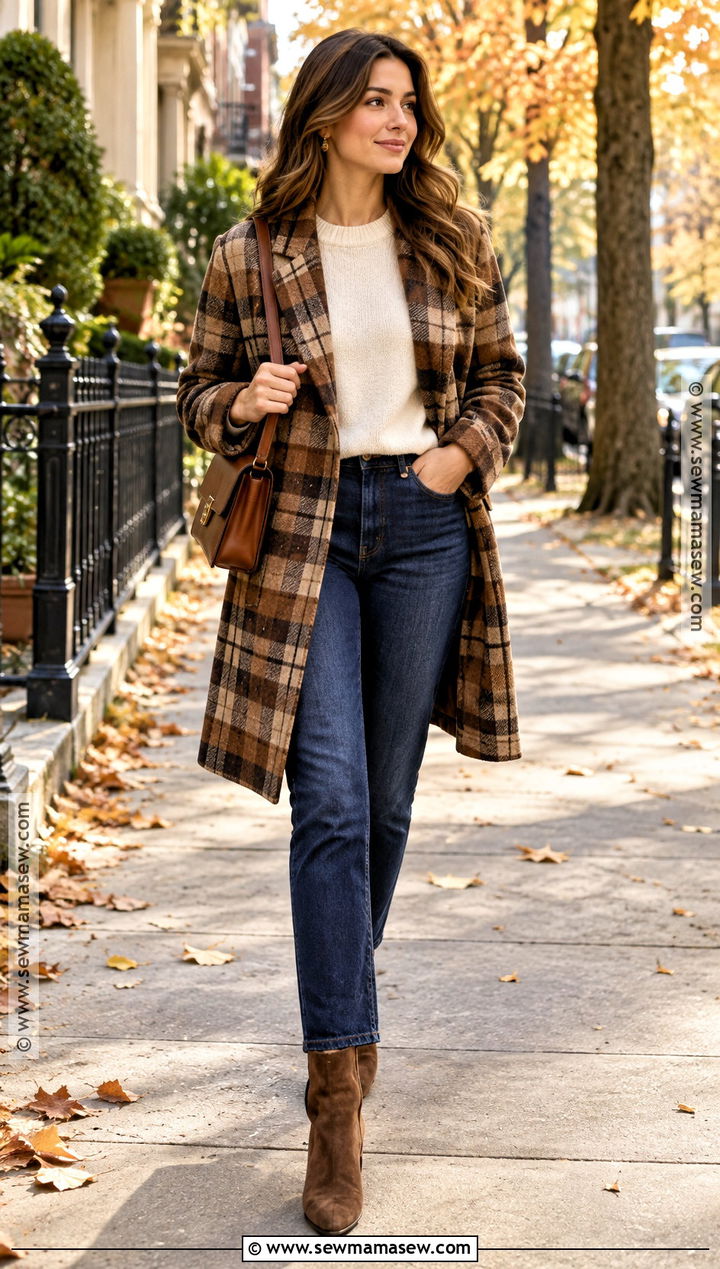 Plaid Coat With Sweater And Straight Leg Jeans - 20 fall coat outfits