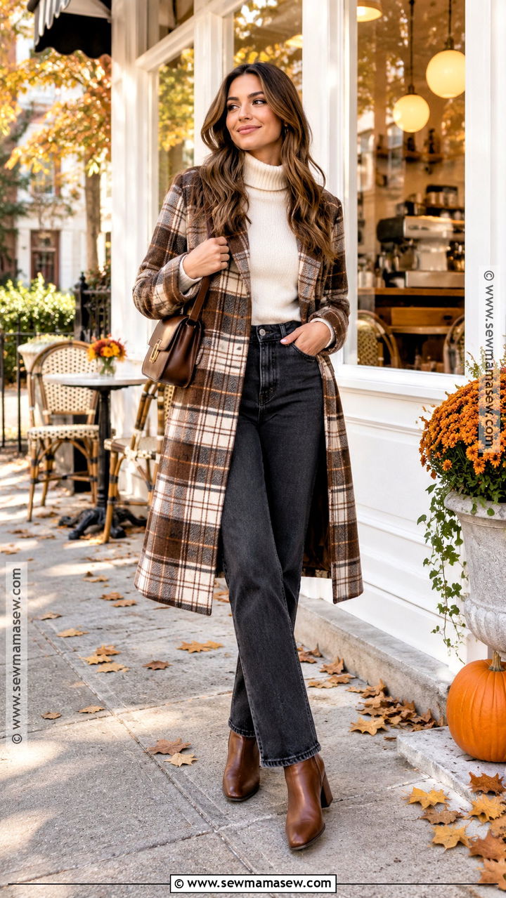 Plaid Coat With Turtleneck And Jeans - 20 Coat Fall Outfit Ideas