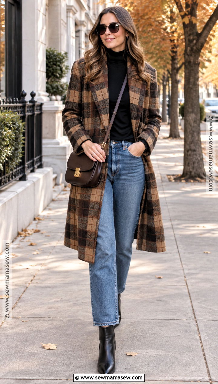 Plaid Coat With Turtleneck And Straight Jeans - 25 fall coat ideas