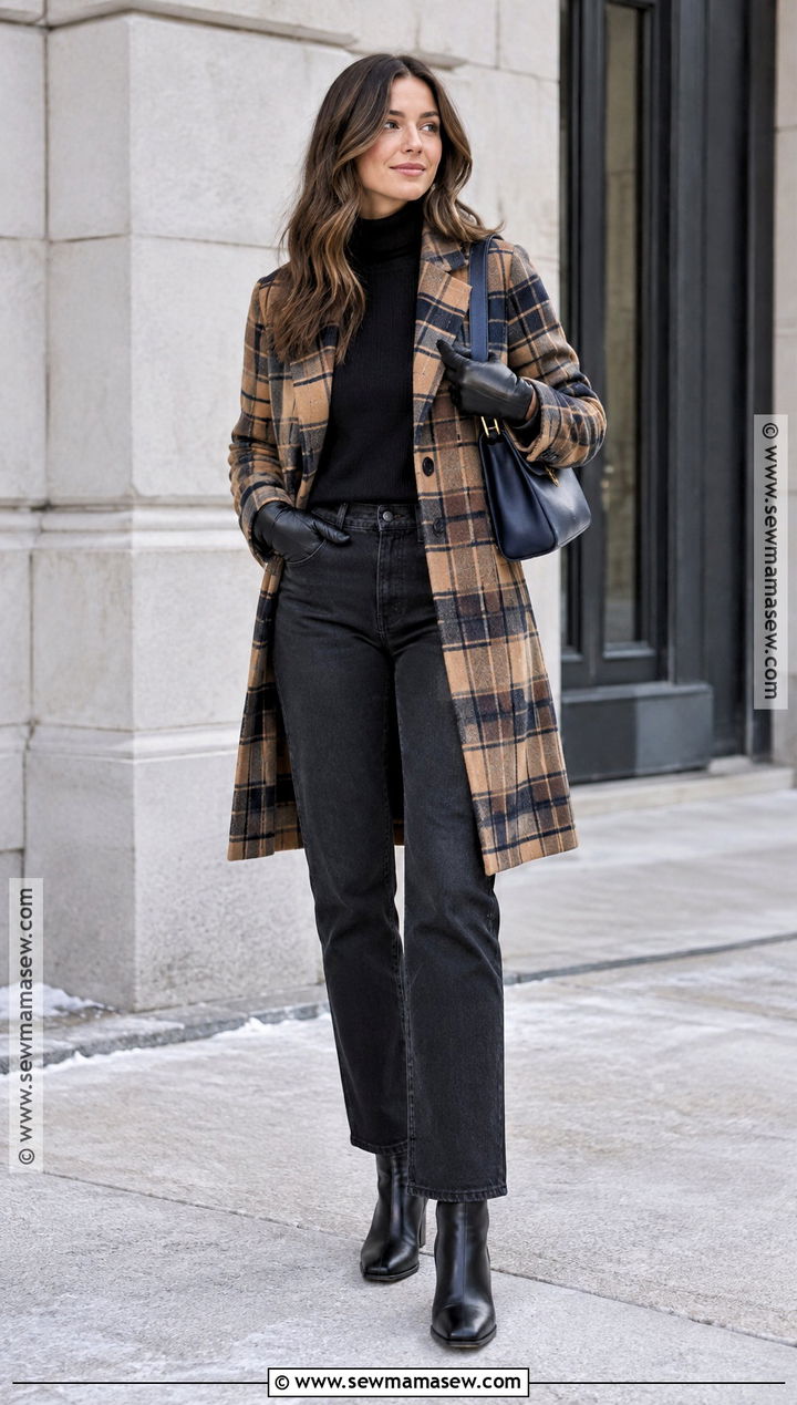 Plaid Coat and Black Jeans Winter Outfit - 15 fall and winter clothes for women
