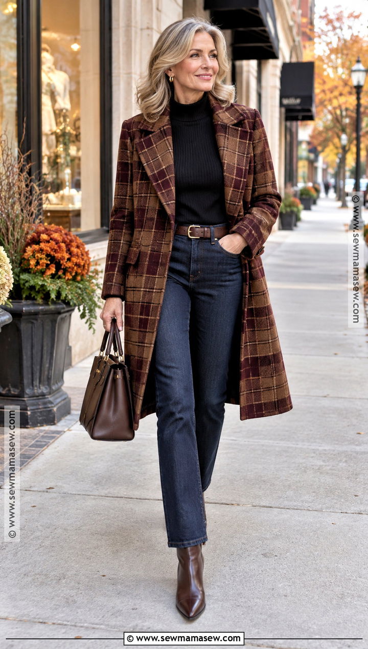 Plaid Coat and Dark Denim October Outfit - 15 outfit inspo october ideas