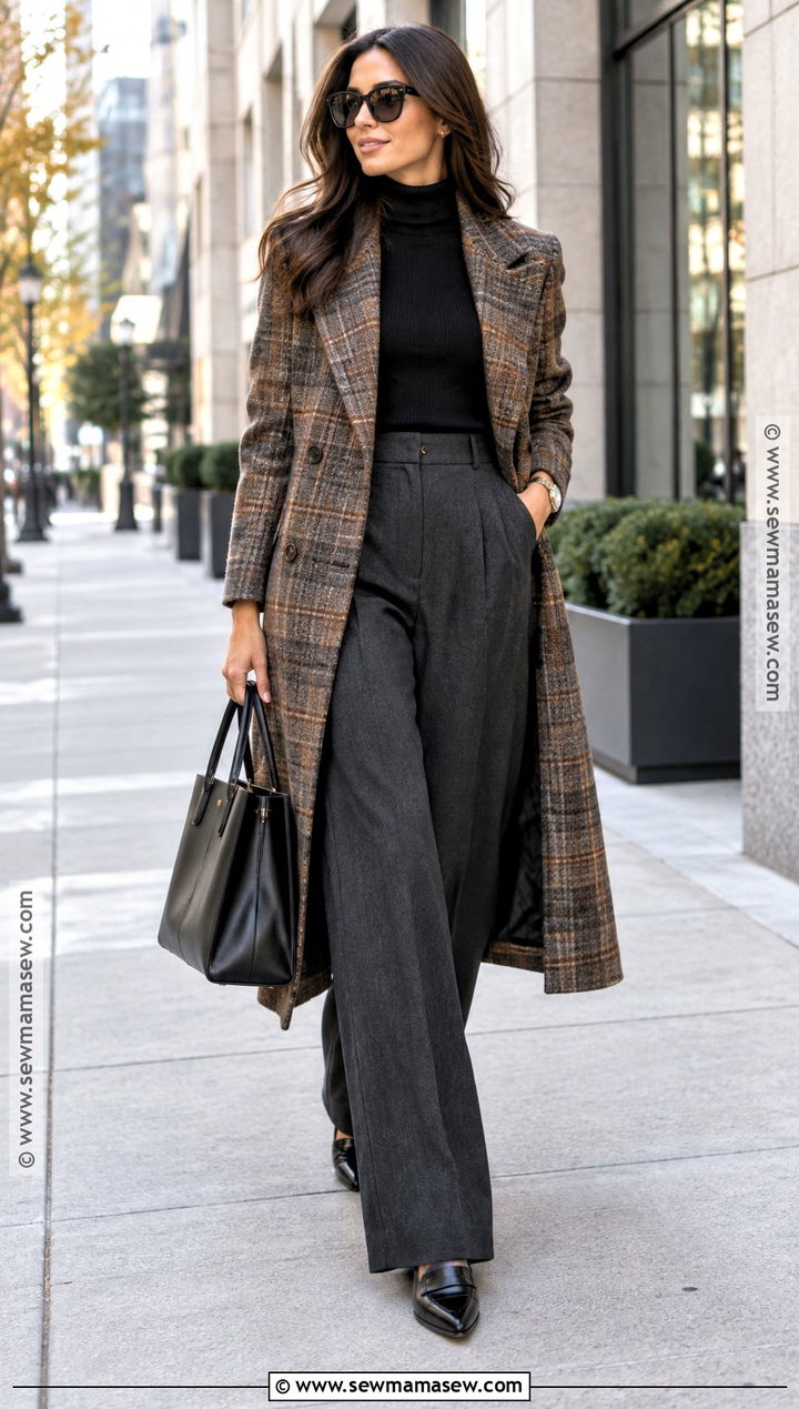 Plaid Coat and Wide Leg Trousers Fall Outfit - 20 fall it girl outfits