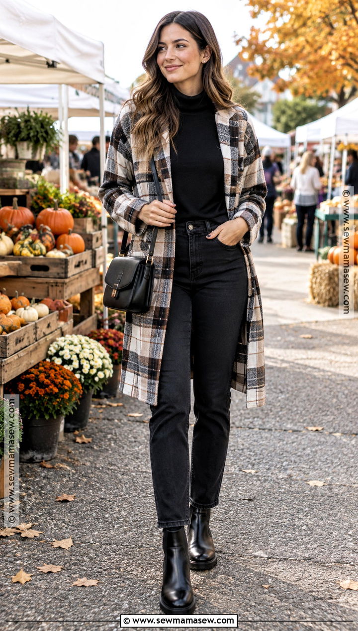 Plaid Coatigan With Black Jeans - 15 Coatigan Outfit Fall Ideas