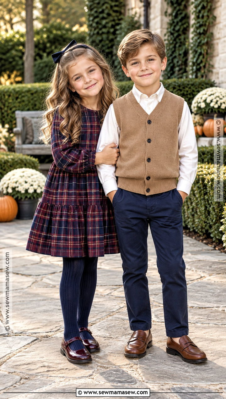 Plaid Dress And Knit Vest Sibling Fall Outfit - 15 sibling fall outfits