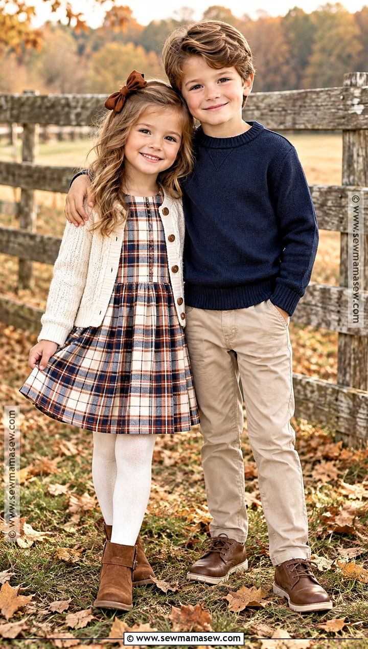 Plaid Dress And Solid Knit Sibling Outfit - 15 Sibling Fall Photoshoot Outfits