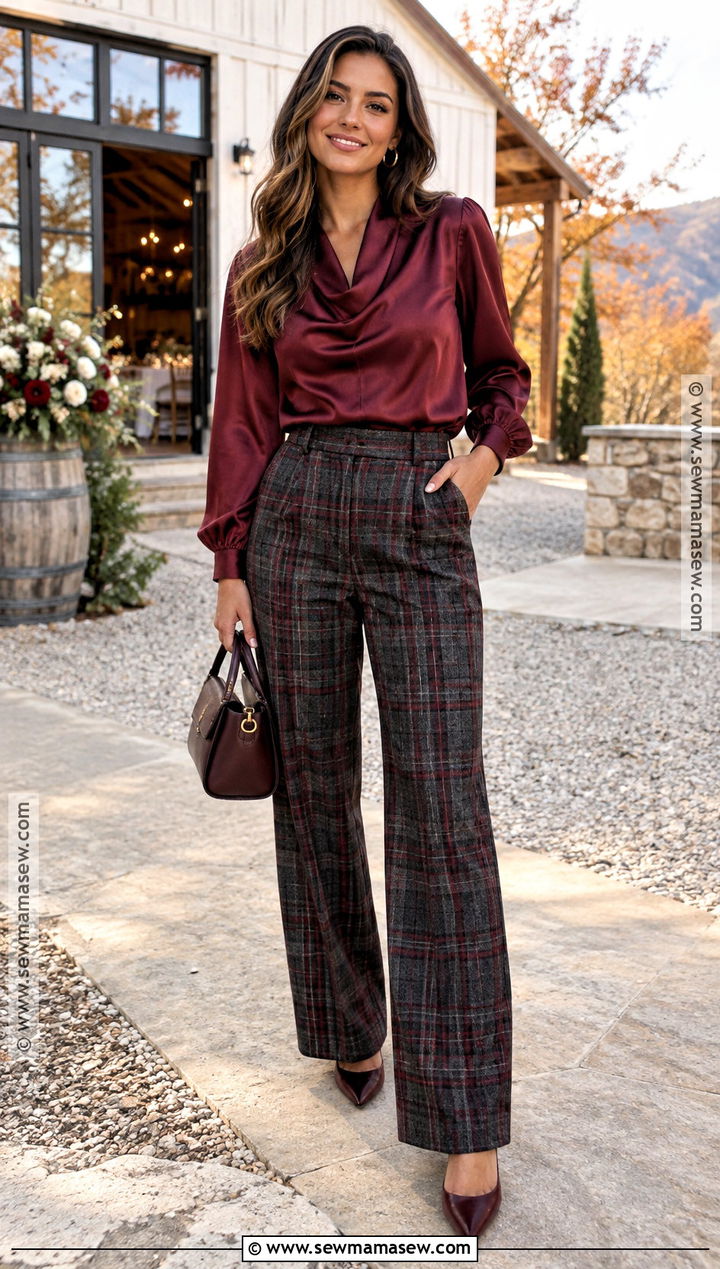 Plaid Dress Pants With Solid Satin Blouse - 15 casual fall wedding outfit guest pants