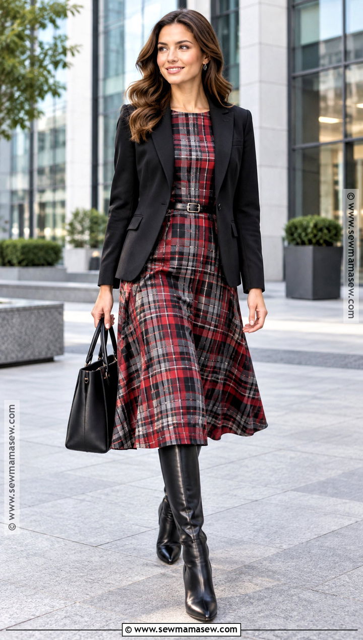 Plaid Dress With Black Blazer And Tall Boots - 20 plaid dress outfit fall ideas