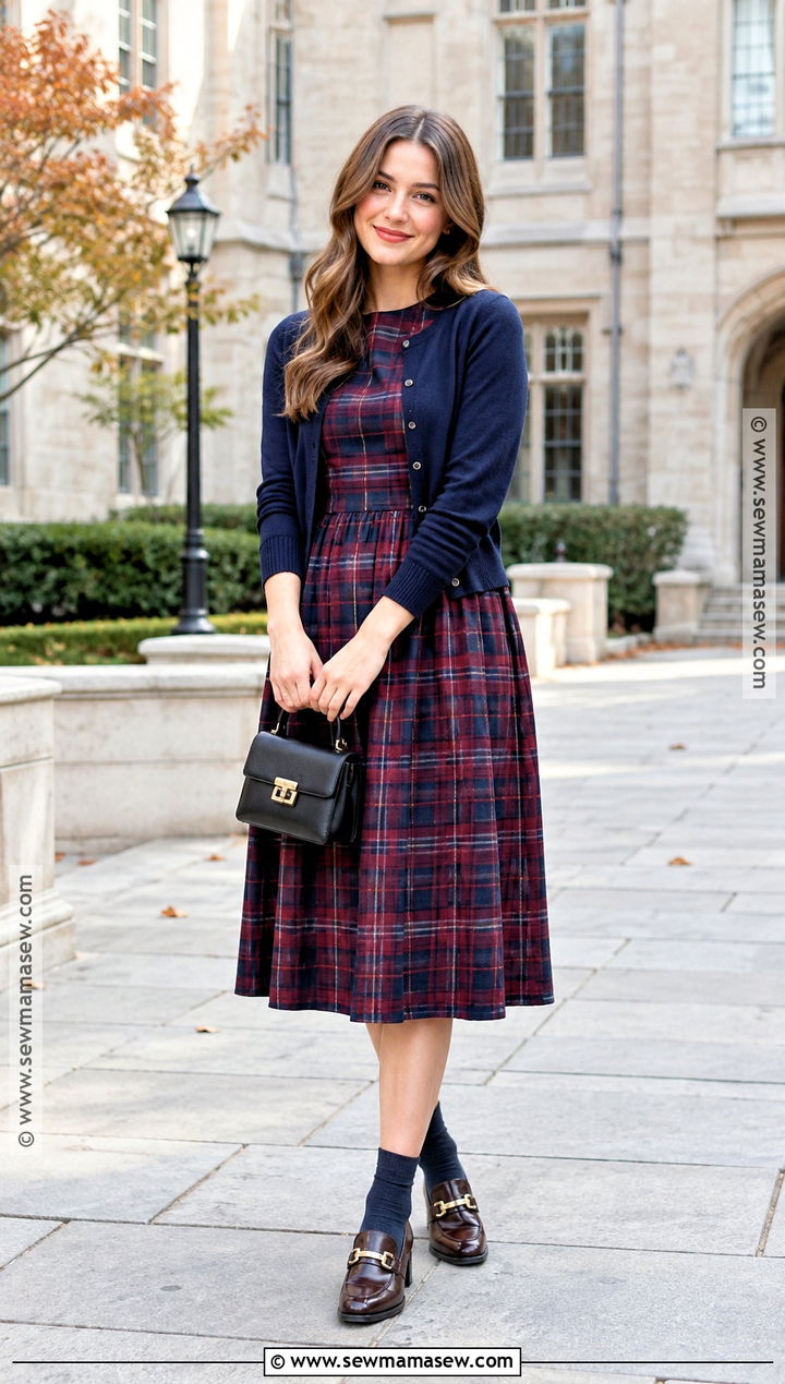 Plaid Dress With Cardigan And Loafers - 15 fall dress outfit ideas 2026