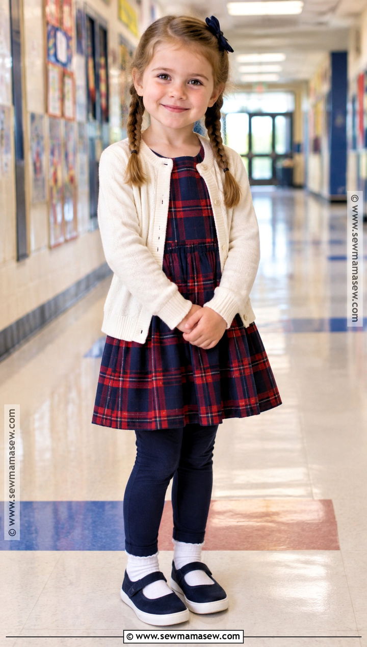 Plaid Dress With Cardigan And Mary Jane Sneakers - 20 Back To School Outfits Kindergarten for Girls