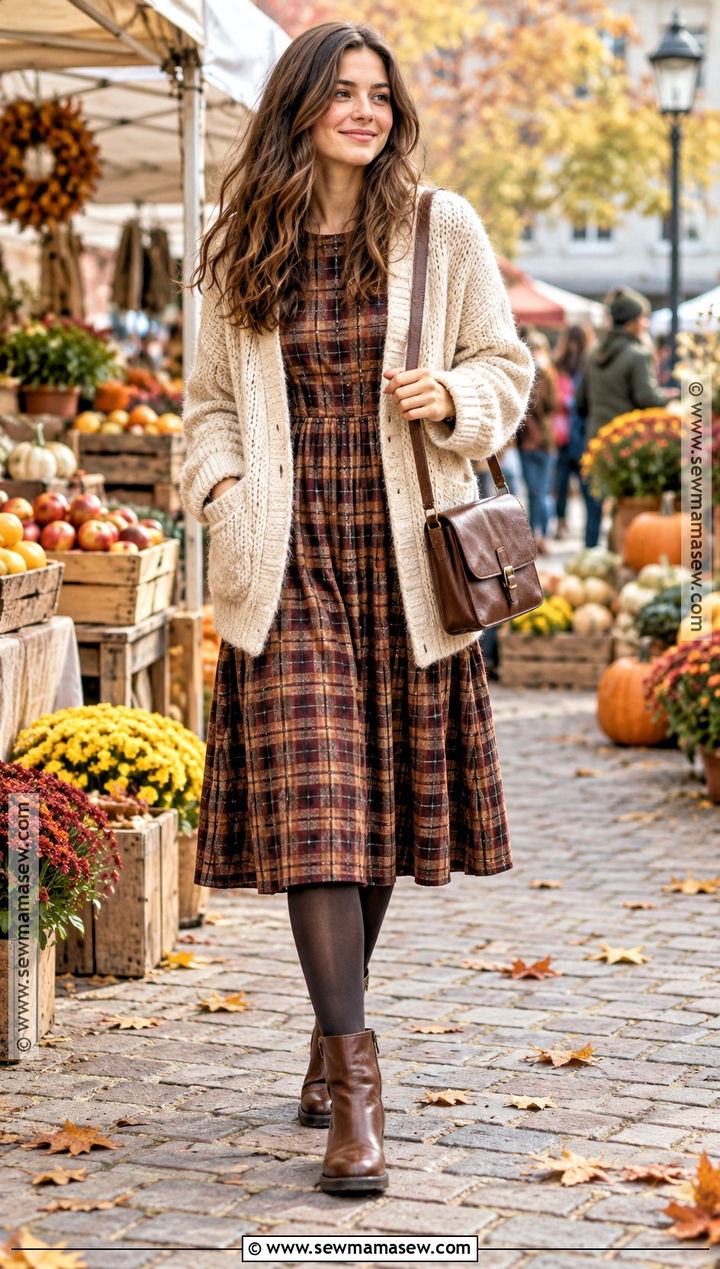 Plaid Dress With Chunky Cardigan - 25 autumn dress outfit ideas