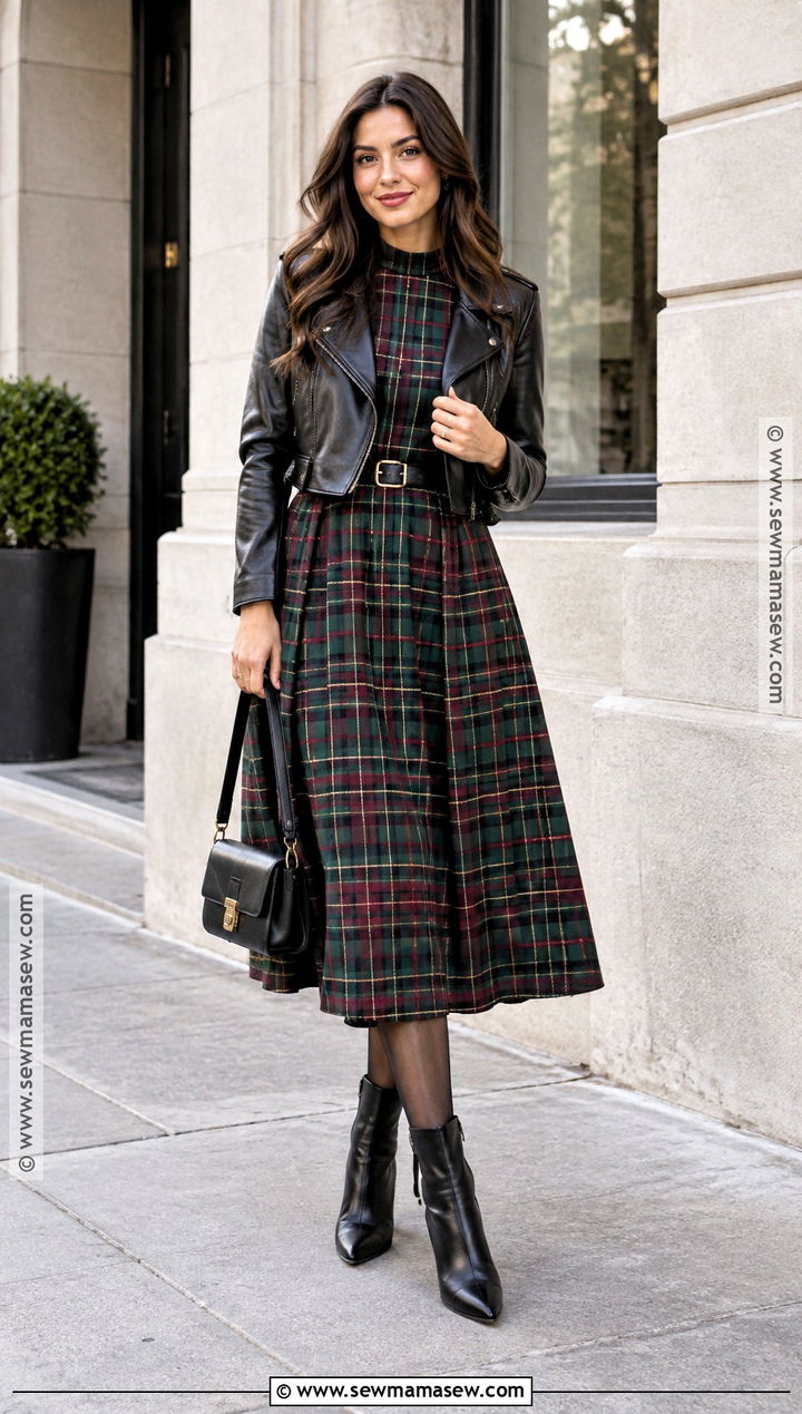 Plaid Dress With Leather Jacket And Ankle Boots - 25 fall plaid ideas