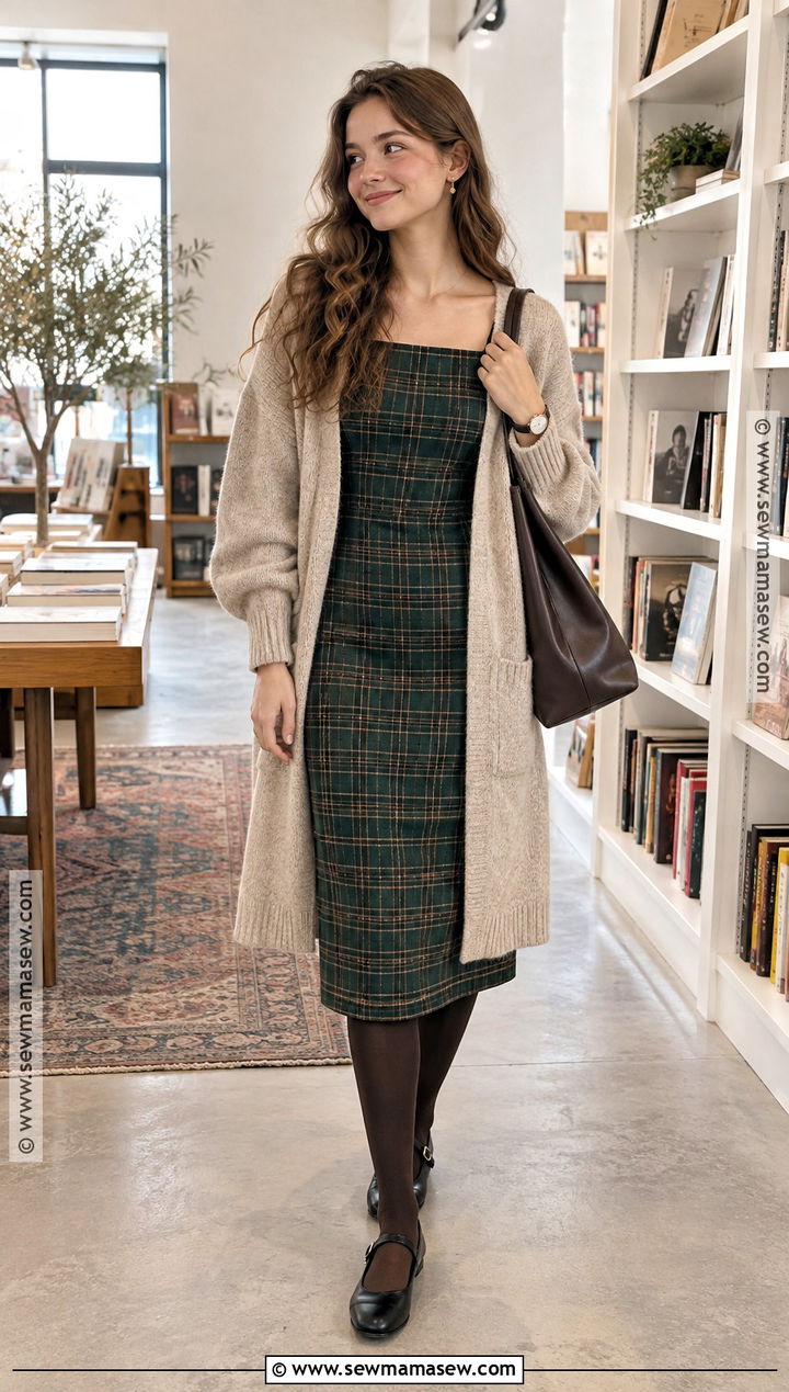Plaid Dress With Oversized Cardigan And Ballet Flats - 20 plaid dress outfit fall ideas