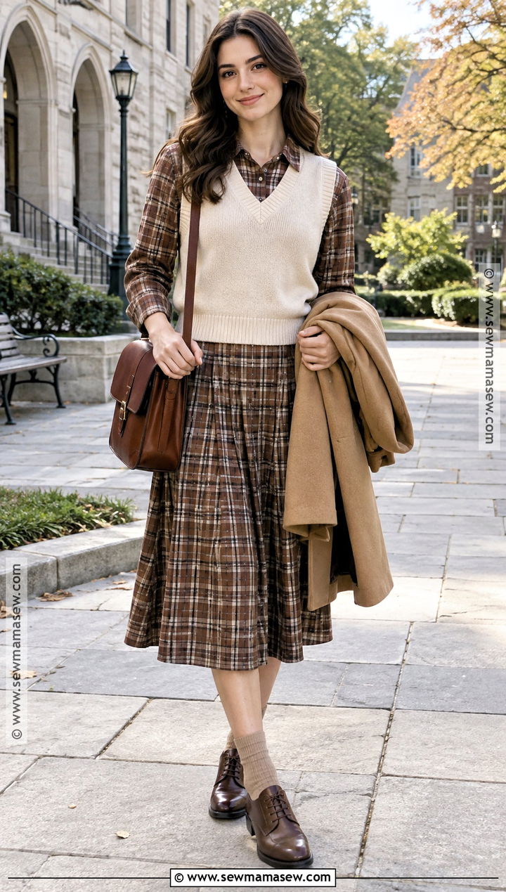 Plaid Dress With Sweater Vest And Oxford Shoes - 20 plaid dress outfit fall ideas