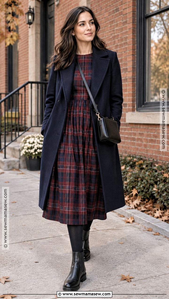 Plaid Dress With Tights And Chelsea Boots - 15 women's fall dress outfits