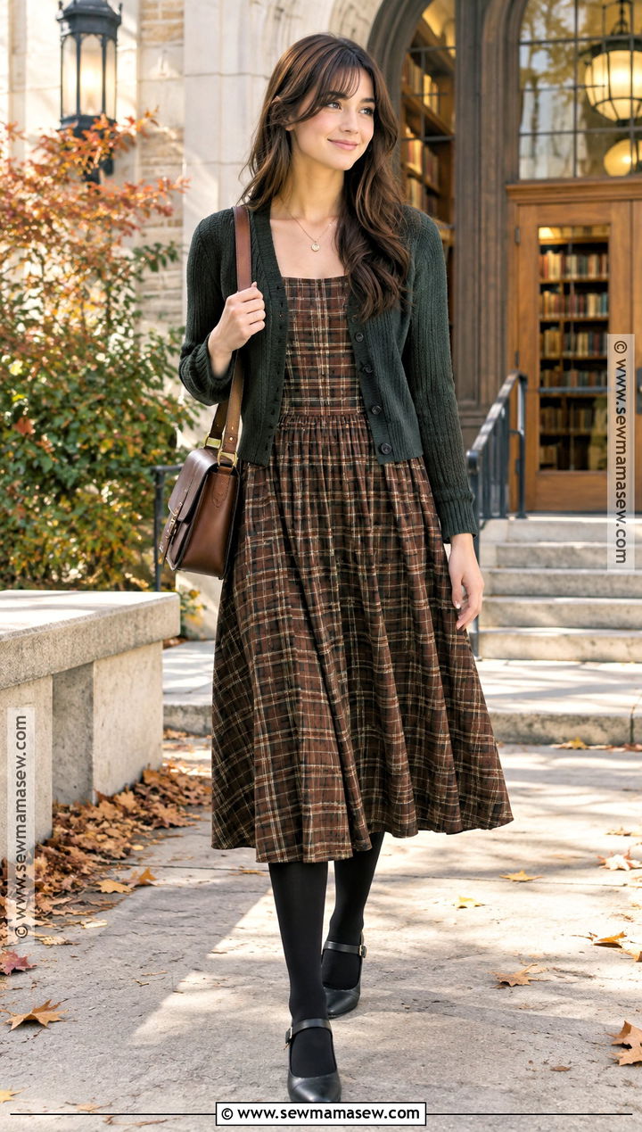 Plaid Fall Dress Outfit With A Cropped Cardigan - 15 womens fall dress outfits