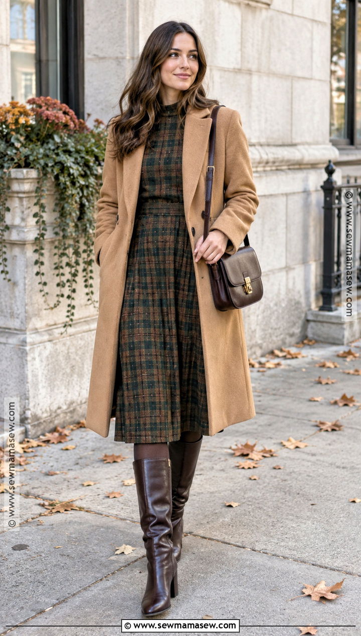 Plaid Fall Dress With A Wool Coat - 15 fall dress trends 2026