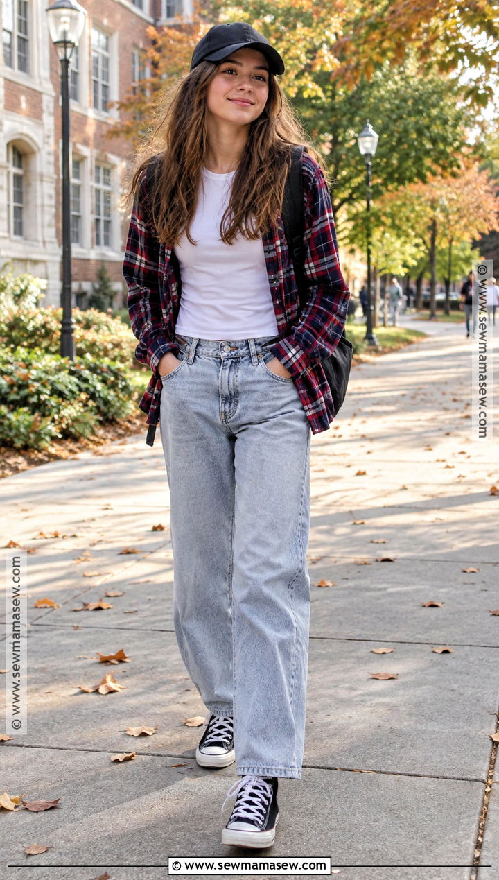 Plaid Flannel And Baggy Jeans Fall Outfit - 20 Teen Girl Fall Outfits