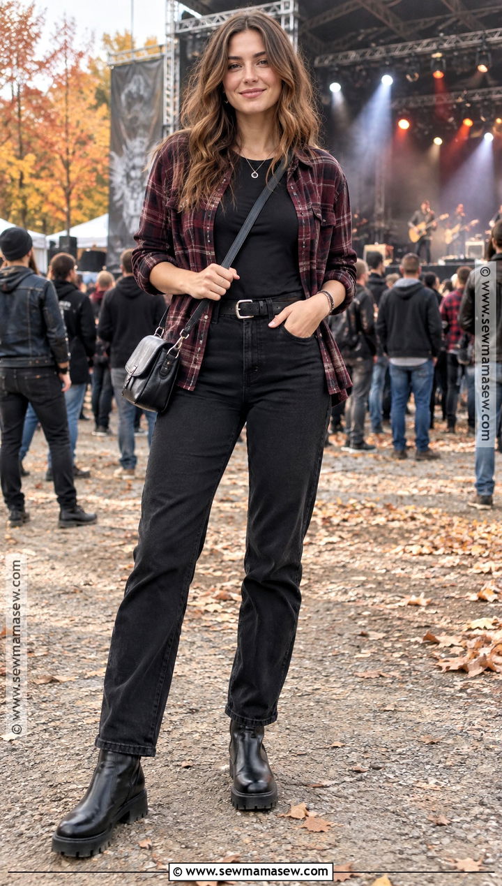 Plaid Flannel And Black Jeans Concert Outfit - 20 outdoor concert outfit fall ideas