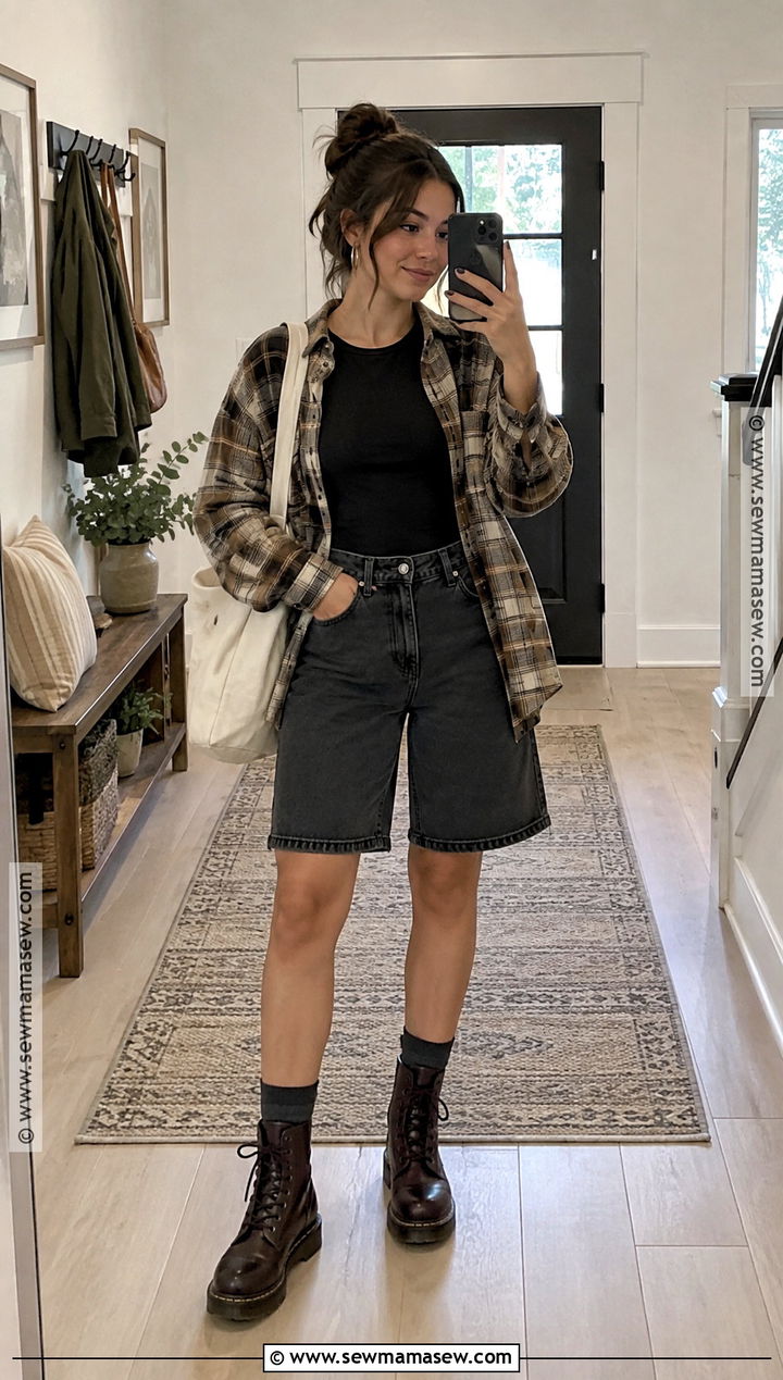 Plaid Flannel And Boot Jorts Outfit - 20 Jorts Outfit Fall Ideas