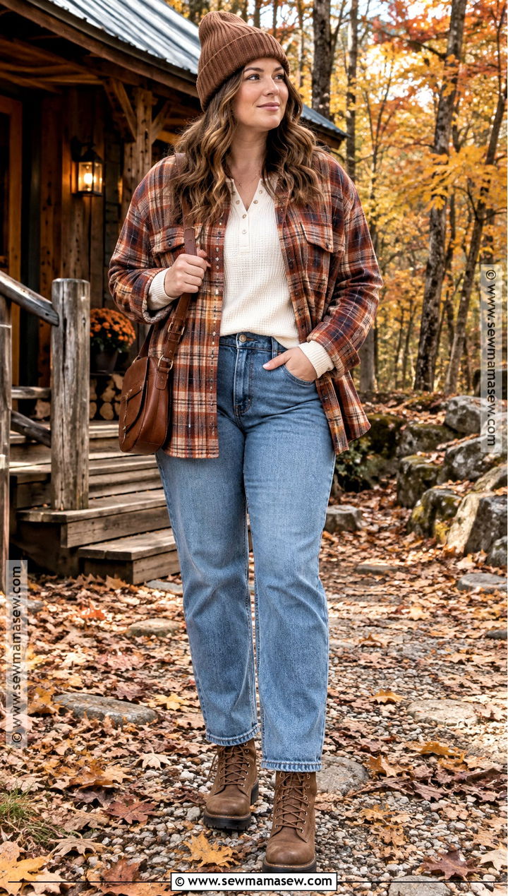 Plaid Flannel Cabin Outfit With Jeans and Boots - 15 cute cabin outfits fall