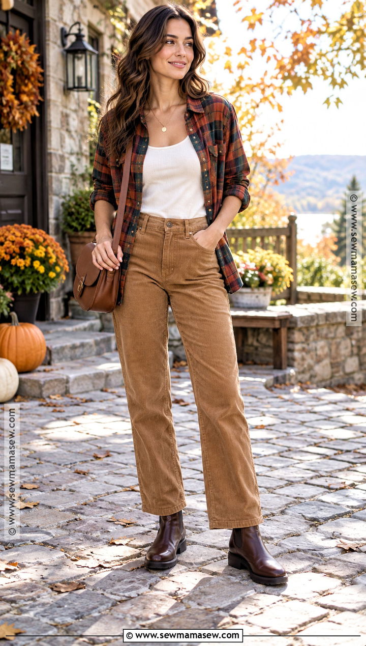 Plaid Flannel Fall Top With Corduroy Pants - 25 fall tops