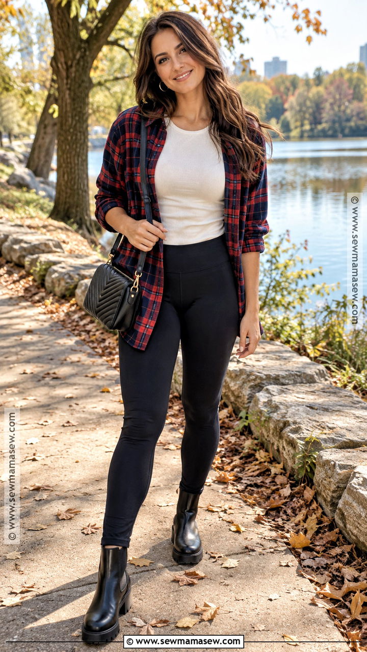 Plaid Flannel Shirt With Black Leggings - 20 Fall Shirt Outfits