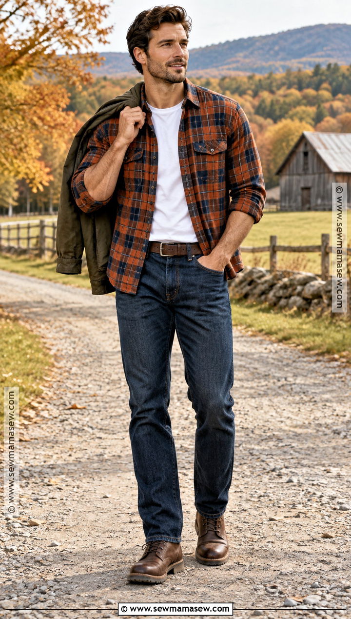 Plaid Flannel Shirt With Dark Jeans And Work Boots - 15 country fall outfits for men