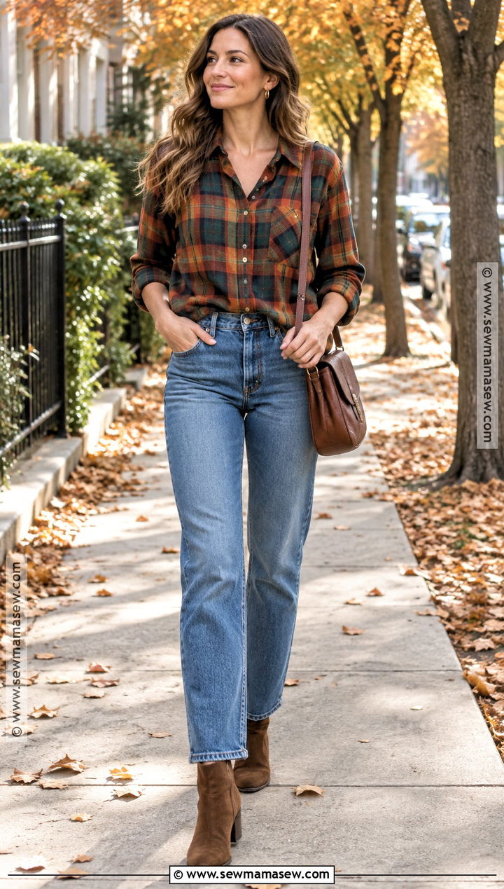 Plaid Flannel Shirt With Straight Leg Jeans - 20 fall shirt ideas