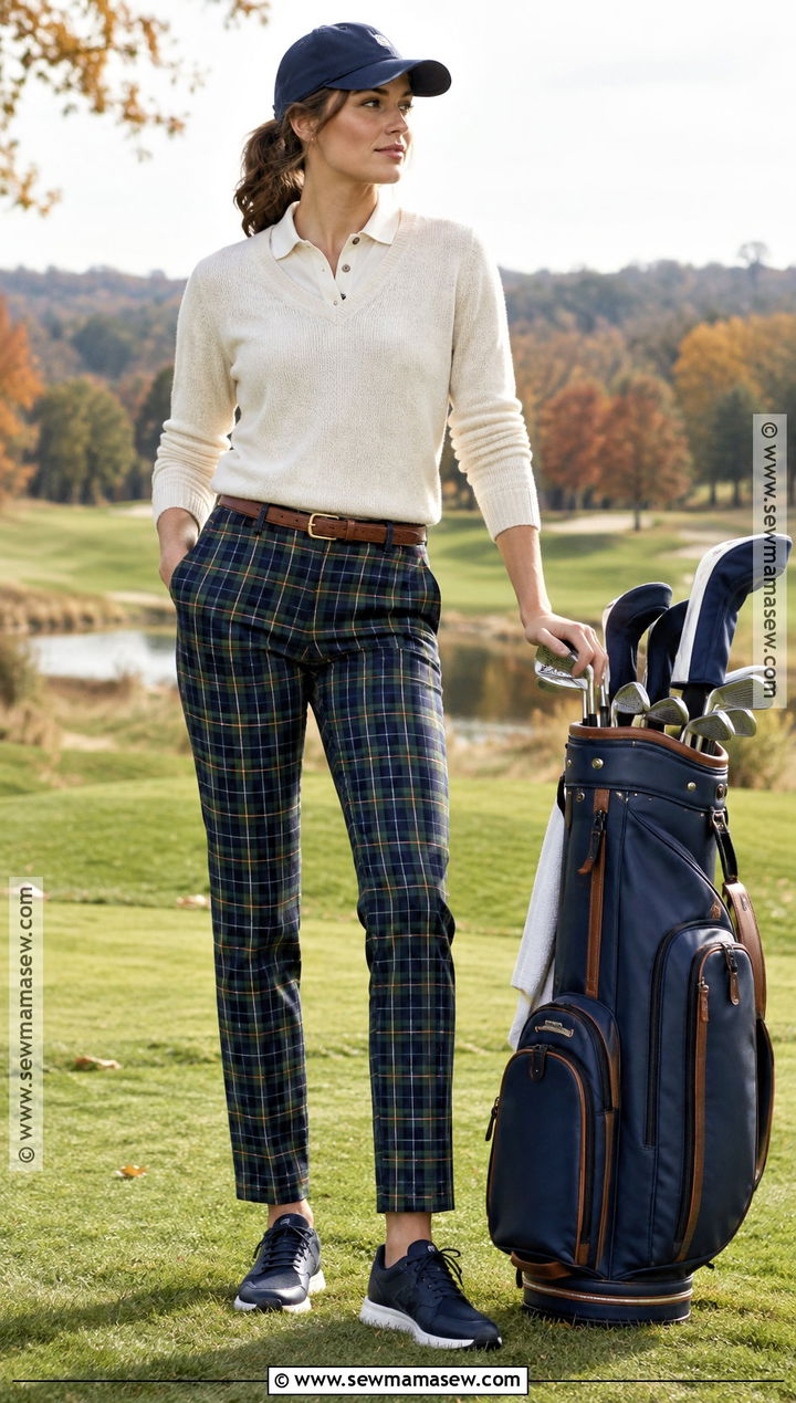 Plaid Golf Pants And Cream Sweater Outfit - 15 ladies fall golf outfits