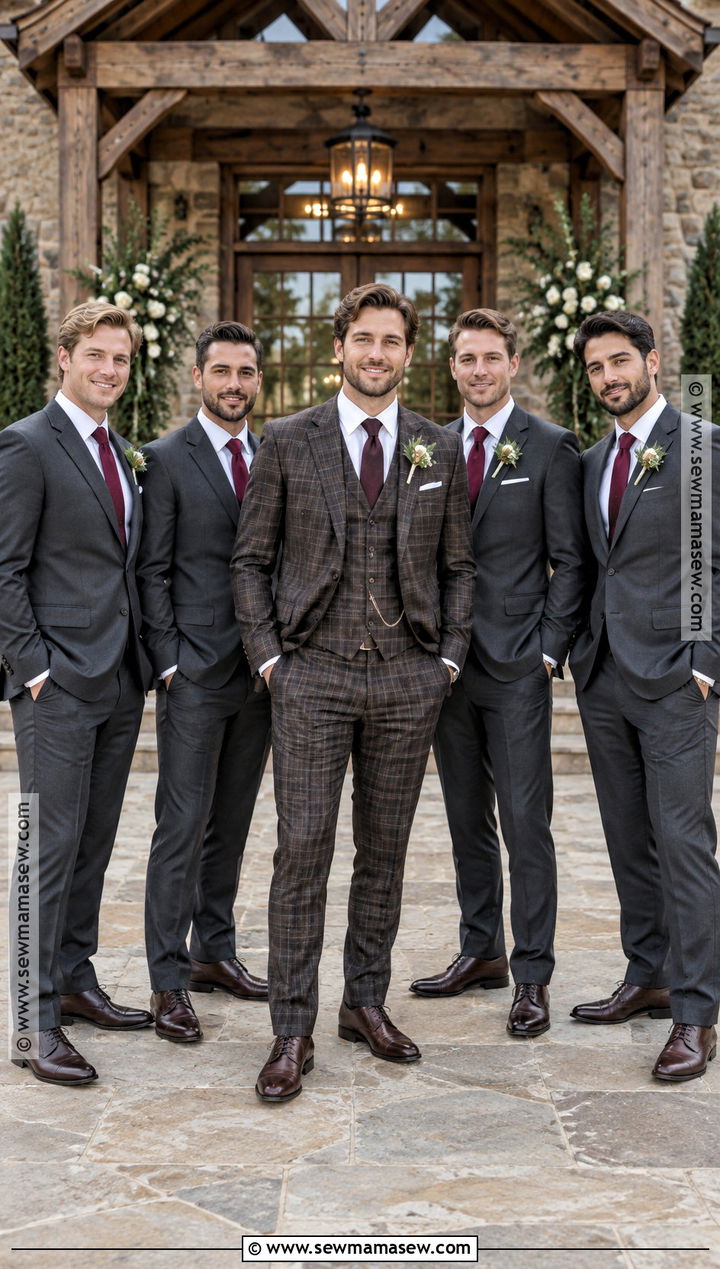 Plaid Groom Suit With Solid Groomsmen Suits - 15 groom and groomsmen attire fall wedding ideas