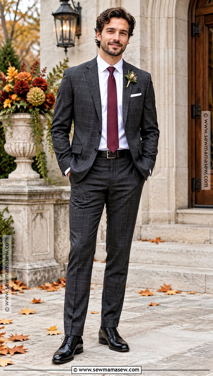 Plaid Groomsmen Suit With Solid Tie - 25 fall groomsmen attire ideas
